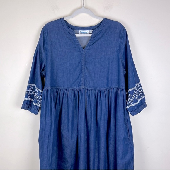 National | Prairie Vintage Style Embroidered Chambray Midi Dress | M - Picture 3 of 10